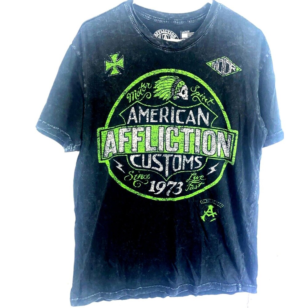 Affliction T-Shirt men's L Graphic Distressed American Customs Garage Lava Wash